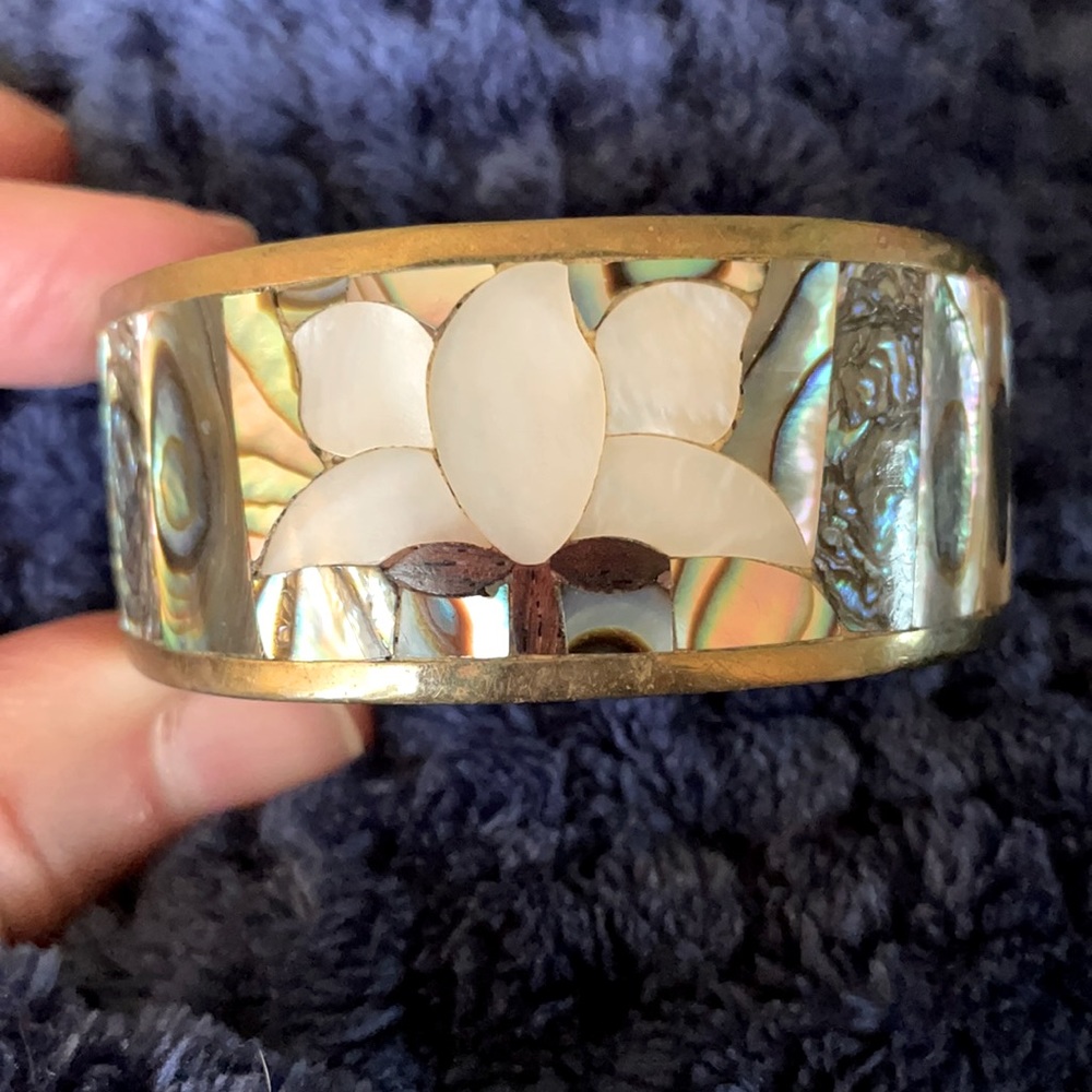 Vintage gold-tone metal and abalone cuff bracelet
